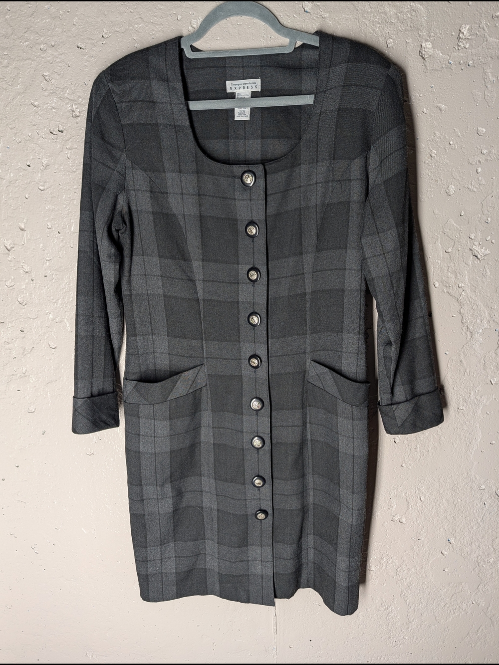 Vintage Express Charcoal Plaid Button Front Midi Dress with Shoulder Pads